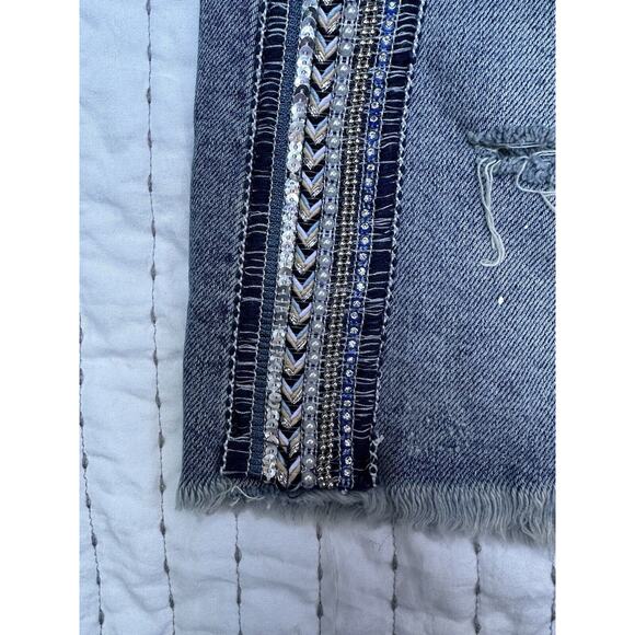 Free People Side Stripe Embellished Beaded Denim Jean Mini Skirt Distressed 8 - Picture 2 of 11
